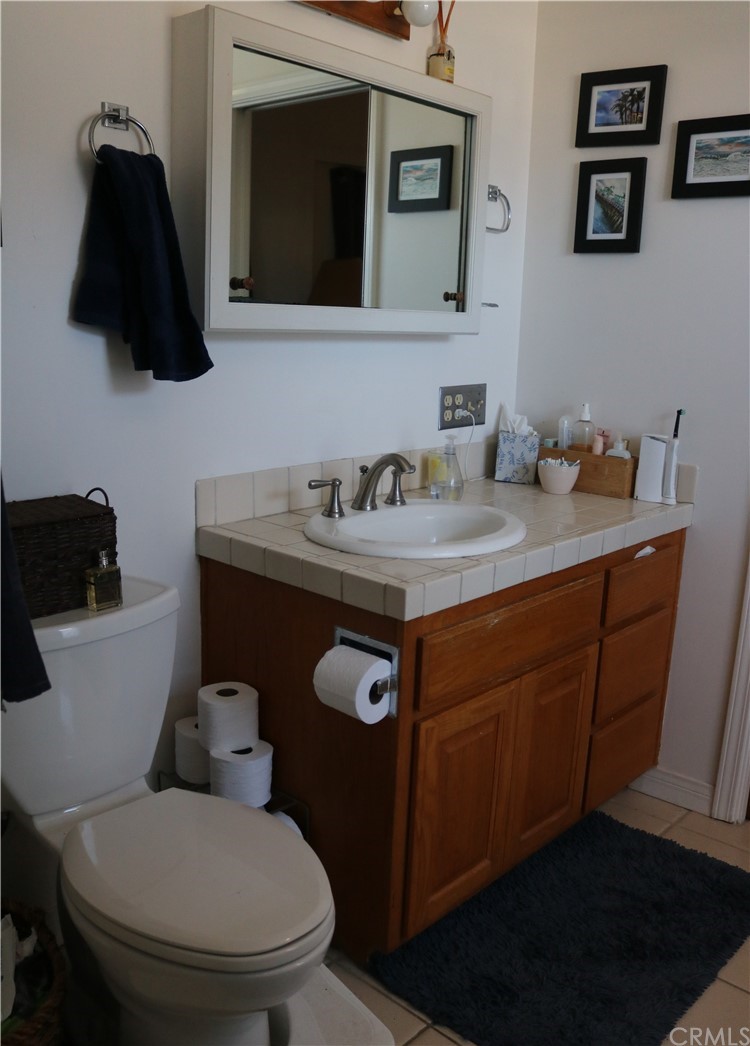 183 Lower Terrace Road Avalon, CA 90704 - Photo 9 of 33 a bathroom with a granite countertop toilet sink and mirror