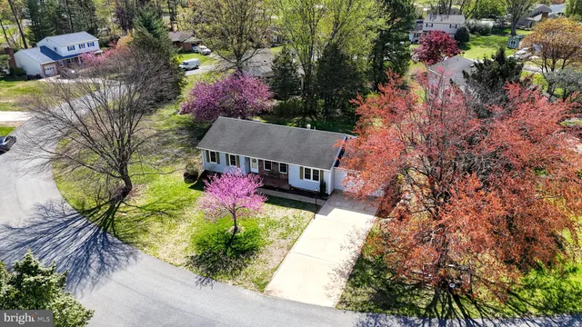 an aerial view of residential houses with outdoor space and trees