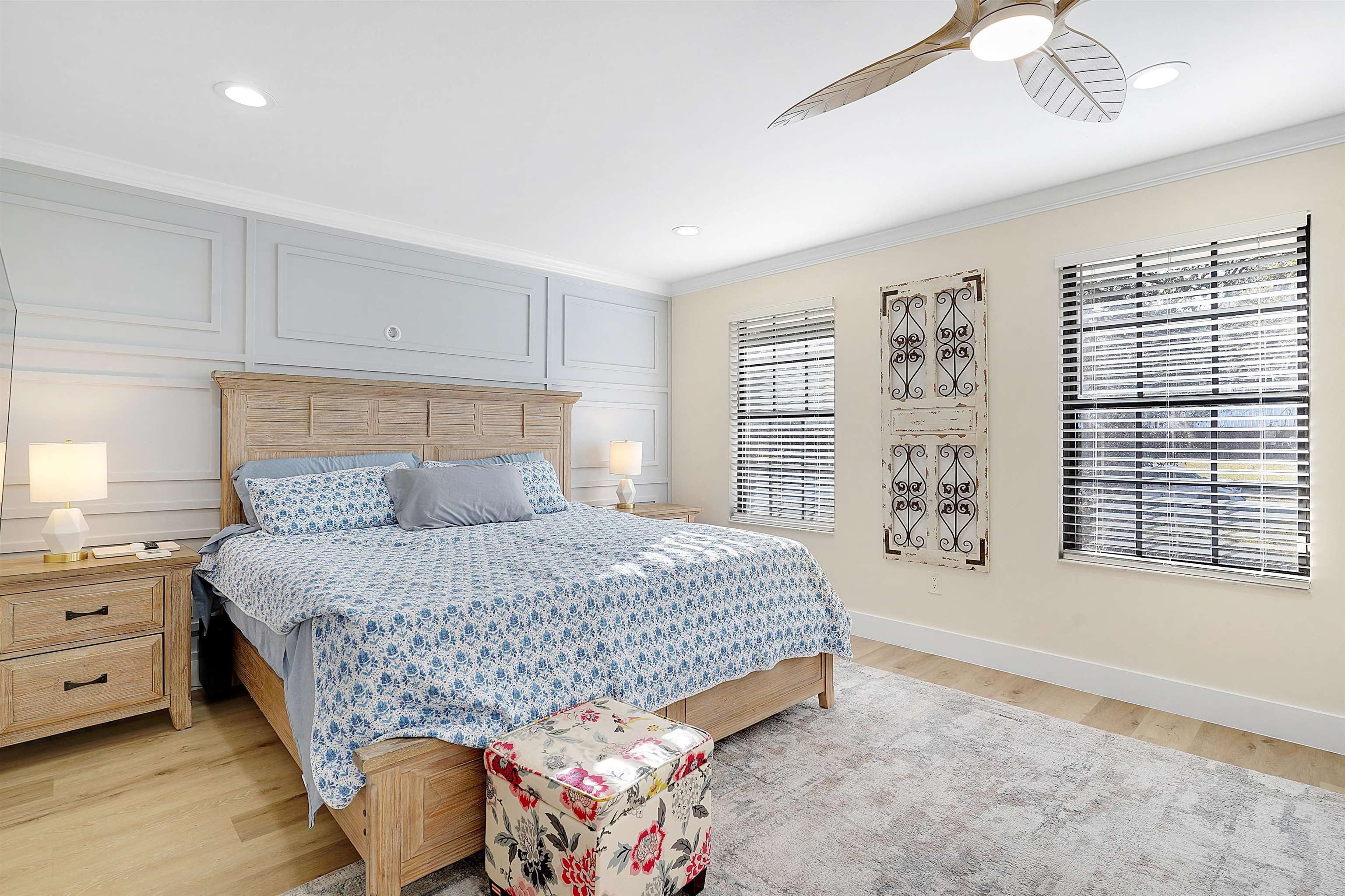 3020 Mac Road St. Augustine, FL 32086 - Photo 20 of 49 Bedroom with light wood finished floors, a ceiling fan, ornamental molding, and recessed lighting