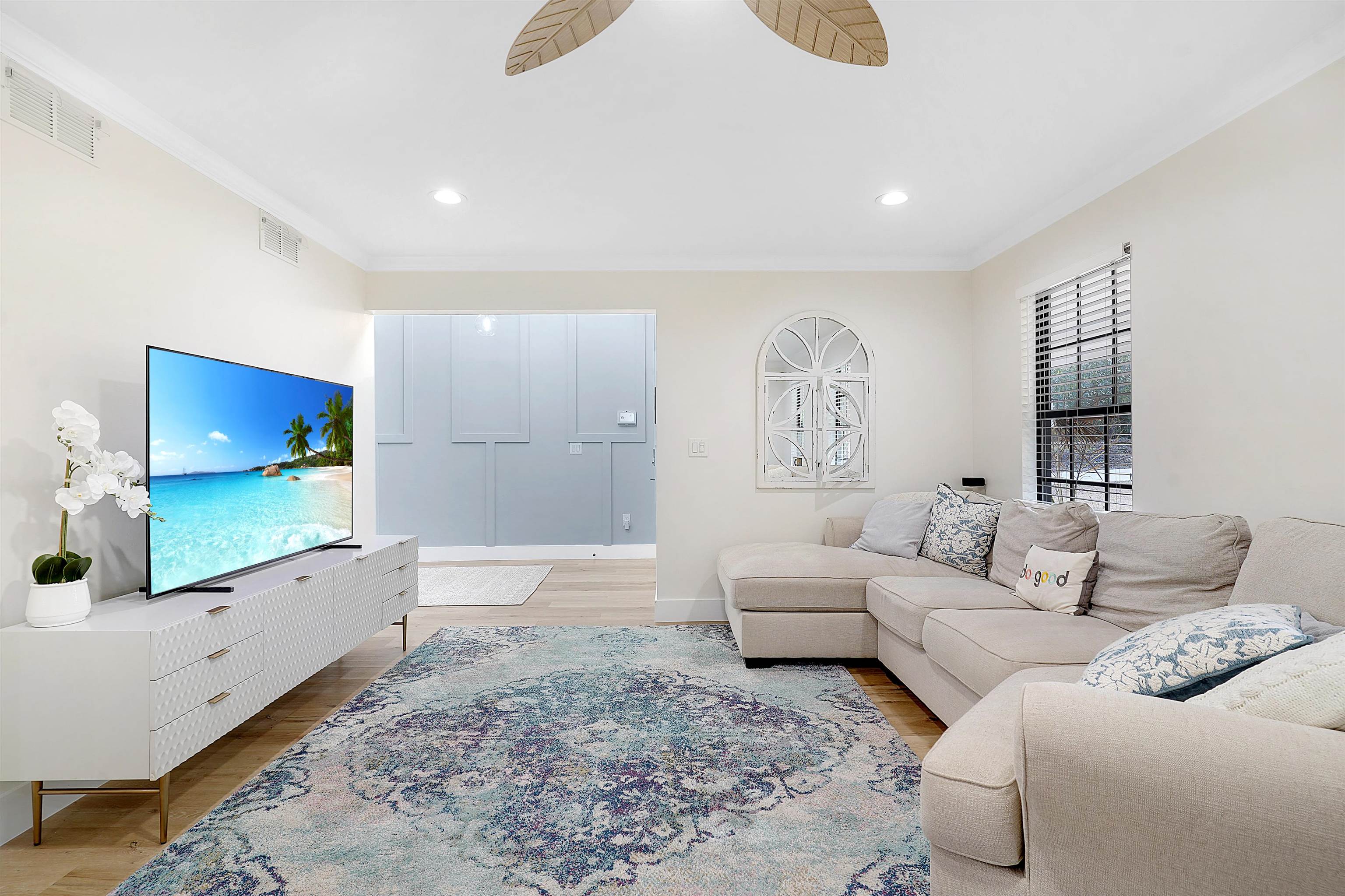 3020 Mac Road St. Augustine, FL 32086 - Photo 3 of 49 Living room featuring light wood-style floors, ceiling fan, ornamental molding, and recessed lighting