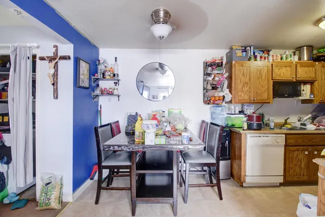 a view of a dining room with furniture