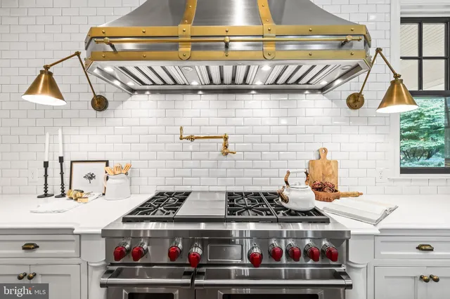 a kitchen with stainless steel appliances white cabinets a potted plant and a window