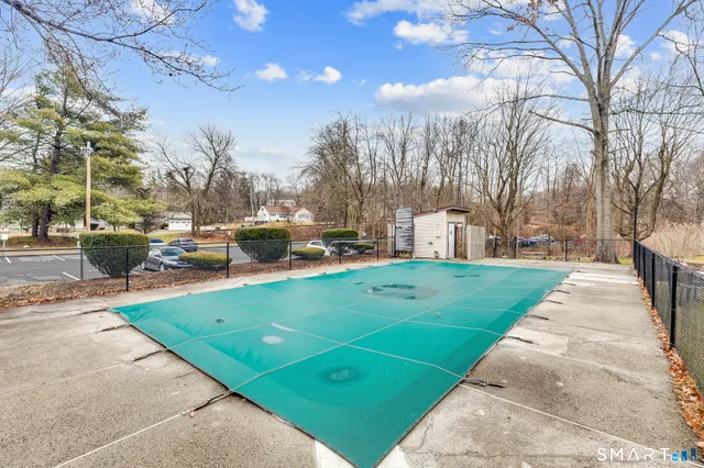 a view of a park with large trees