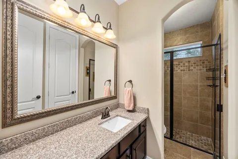 a bathroom with a granite countertop sink a mirror and shower