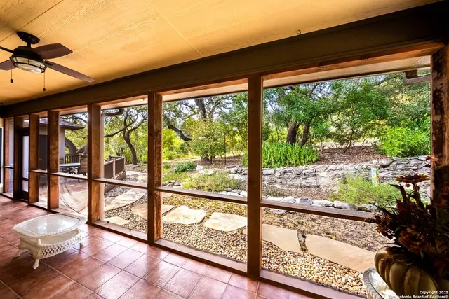 a view of a garage with storage