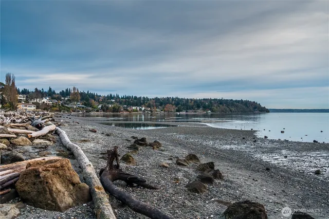a view of a lake with boats and a bridge