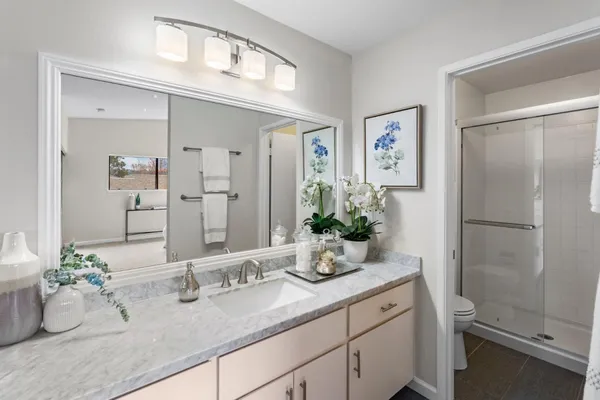 a bathroom with a granite countertop sink a mirror and a shower