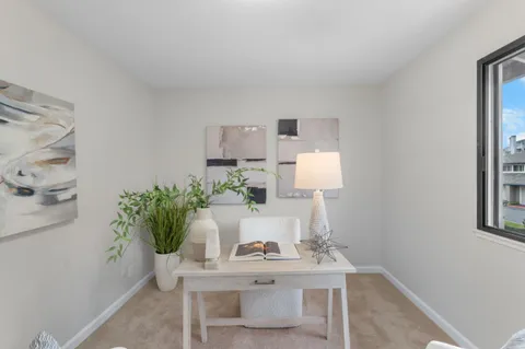 a living room with furniture and a potted plant