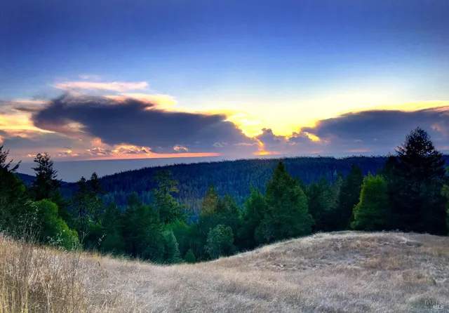 a view of a lake and green valley