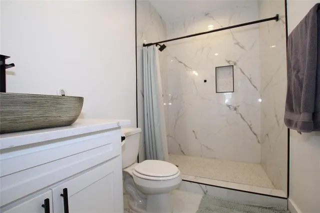 a bathroom with a shower and a toilet