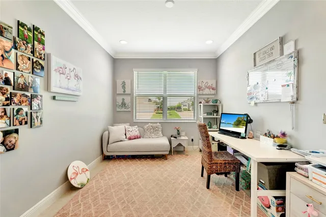 a workspace with furniture and window