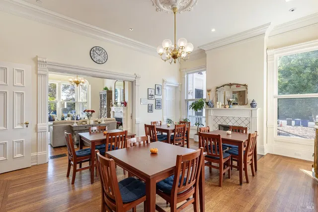 a view of a dining room with furniture window and wooden floor