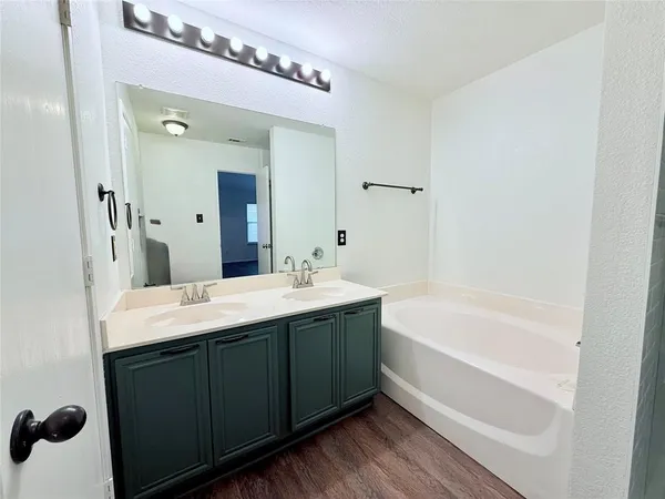 a bathroom with a tub sink and mirror