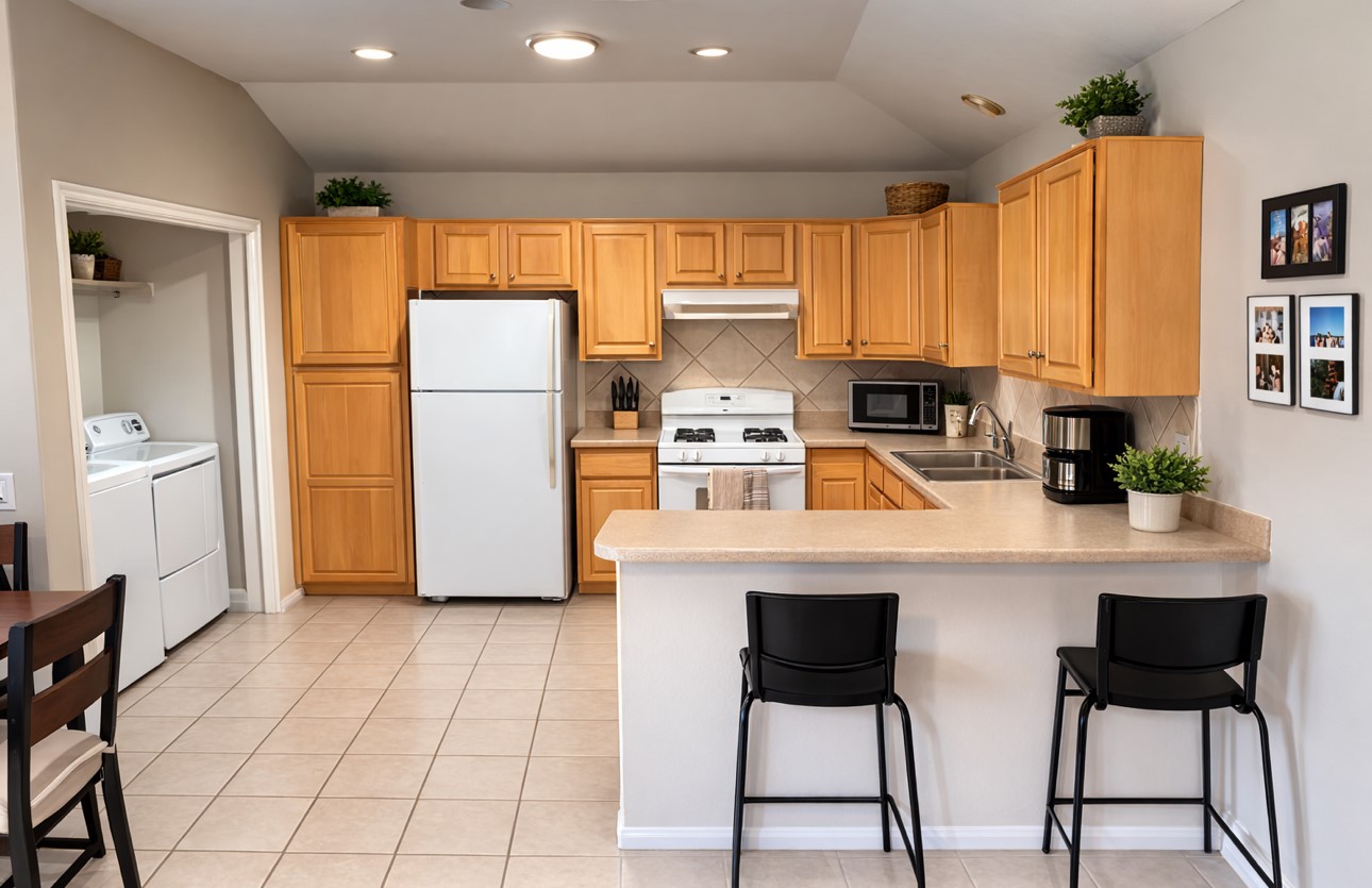 106 Franklin Boulevard, Unit B Austin, TX 78751 - Photo 2 of 7 a kitchen with a refrigerator a stove a sink and white cabinets with wooden floor