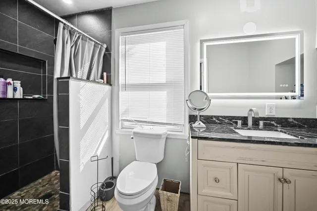 a bathroom with a granite countertop sink toilet and shower