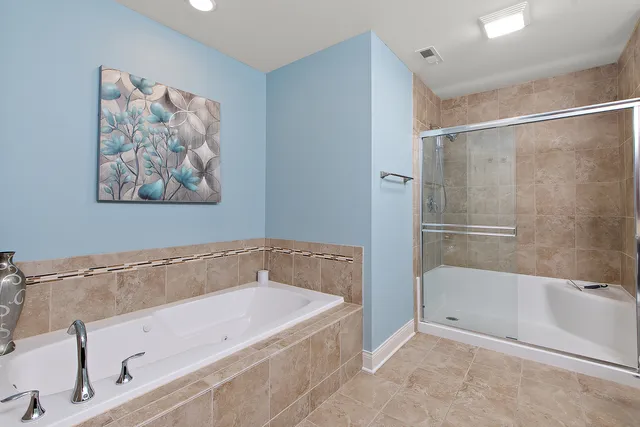 a bathroom with a bathtub and a shower