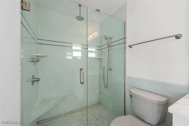 a bathroom with a shower and toilet