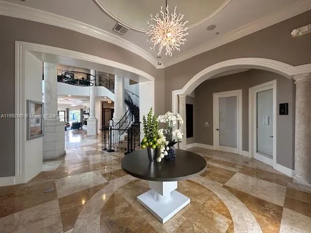 a view of a dining room with furniture