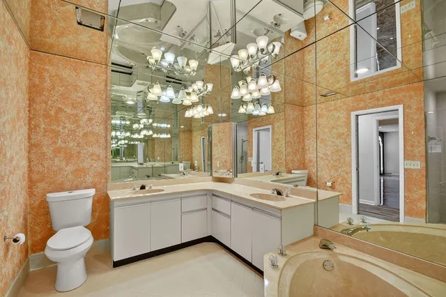 a view of a park with large trees