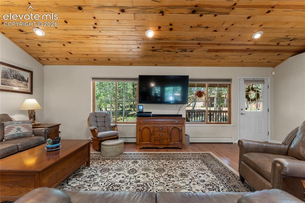 657 Spring Valley Drive Divide, CO 80814 - Photo 6 of 43 Living area featuring a knotty pine ceiling with recessed lighting, wood-finish flooring, and expansive windows