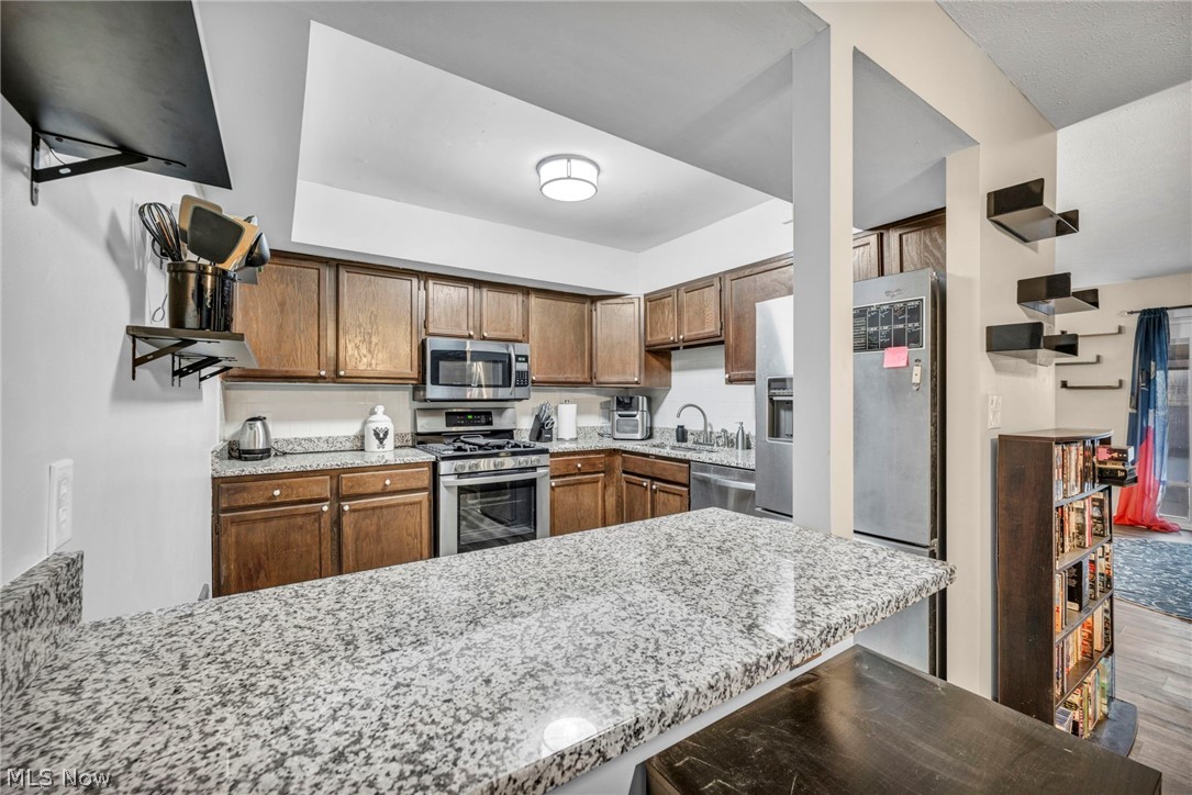 22952 Mastick Road, Unit 203 Cleveland, OH 44126 - Photo 10 of 35 Kitchen with hardwood / wood-style flooring, kitchen peninsula, light stone countertops, sink, and appliances with stainless steel finishes