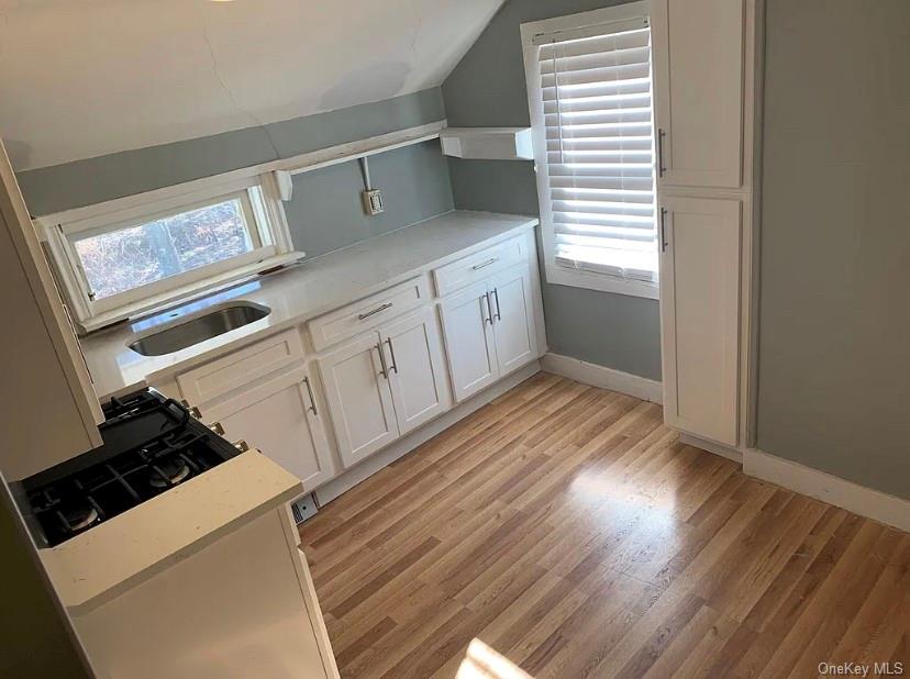 331 Angola Road, Unit 7 Cornwall, NY 12518 - Photo 2 of 7 Compact kitchen featuring wood-finish flooring, white shaker cabinetry with brushed nickel hardware, and light-toned countertops