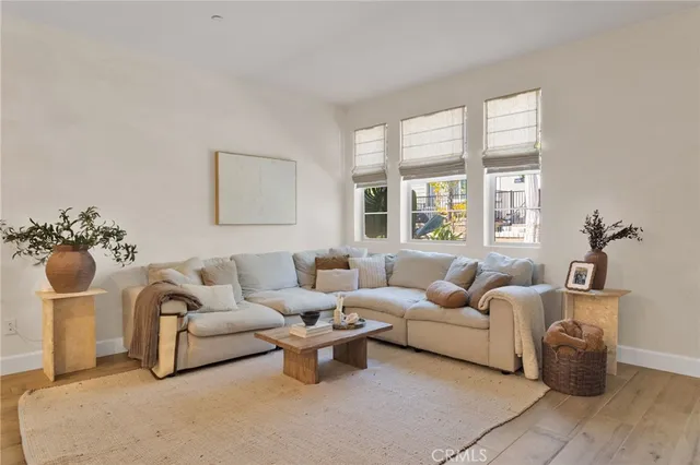 a living room with furniture potted plant and window