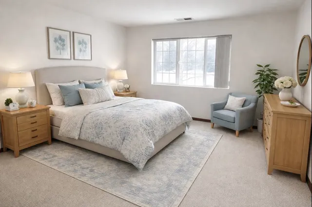 a bedroom with a bed and a couch