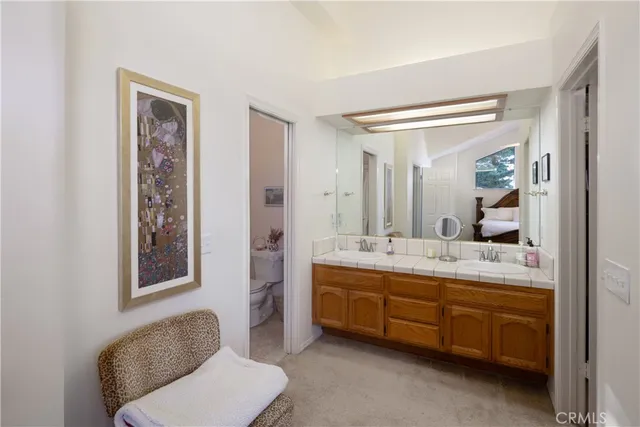 a bathroom with a double vanity sink a toilet and a mirror