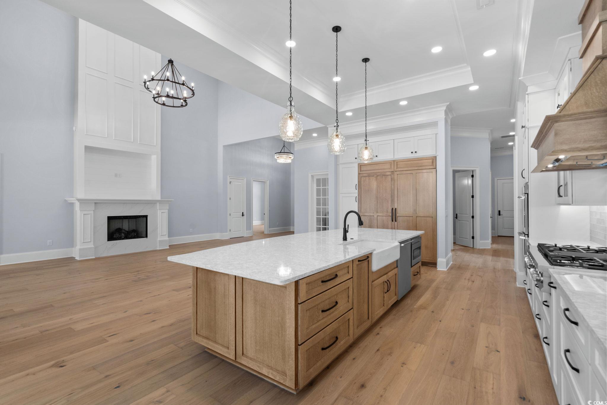 372 Chamberlin Road Myrtle Beach, SC 29588 - Photo 15 of 39 Kitchen featuring a tray ceiling, brown cabinets,