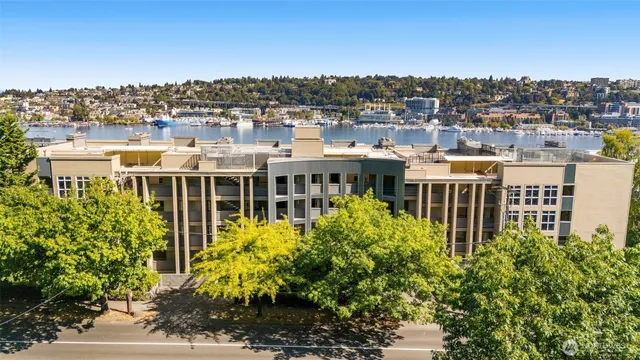 a view of a building with a garden