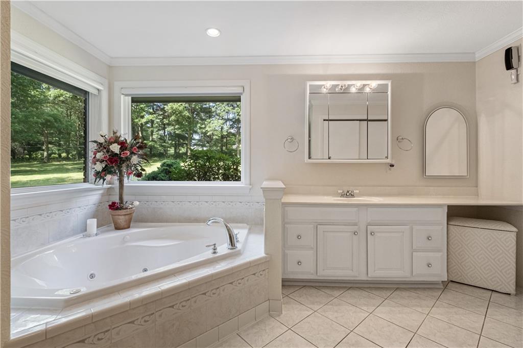 46 Cheslock Road Canonsburg, PA 15317 - Photo 17 of 24 a bathroom with a bathtub a sink a vanity and a window