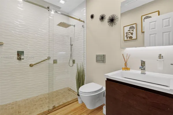 an outdoor view with swimming pool and green space