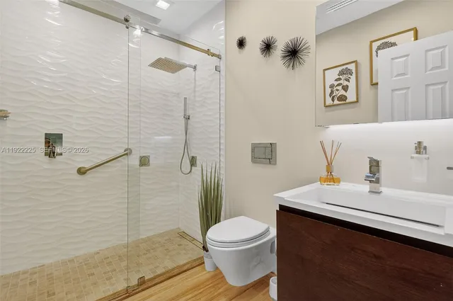 an outdoor view with swimming pool and green space