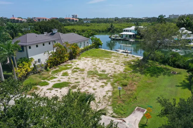 an aerial view of residential houses with outdoor space and lake view