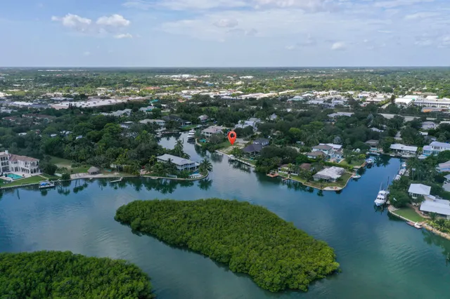an aerial view of residential houses with outdoor space and river