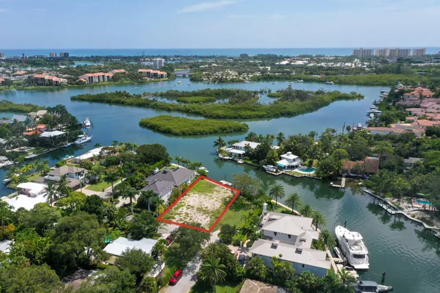 an aerial view of residential houses with outdoor space and trees