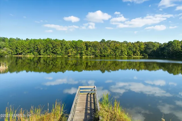 a view of a lake in between two tall trees