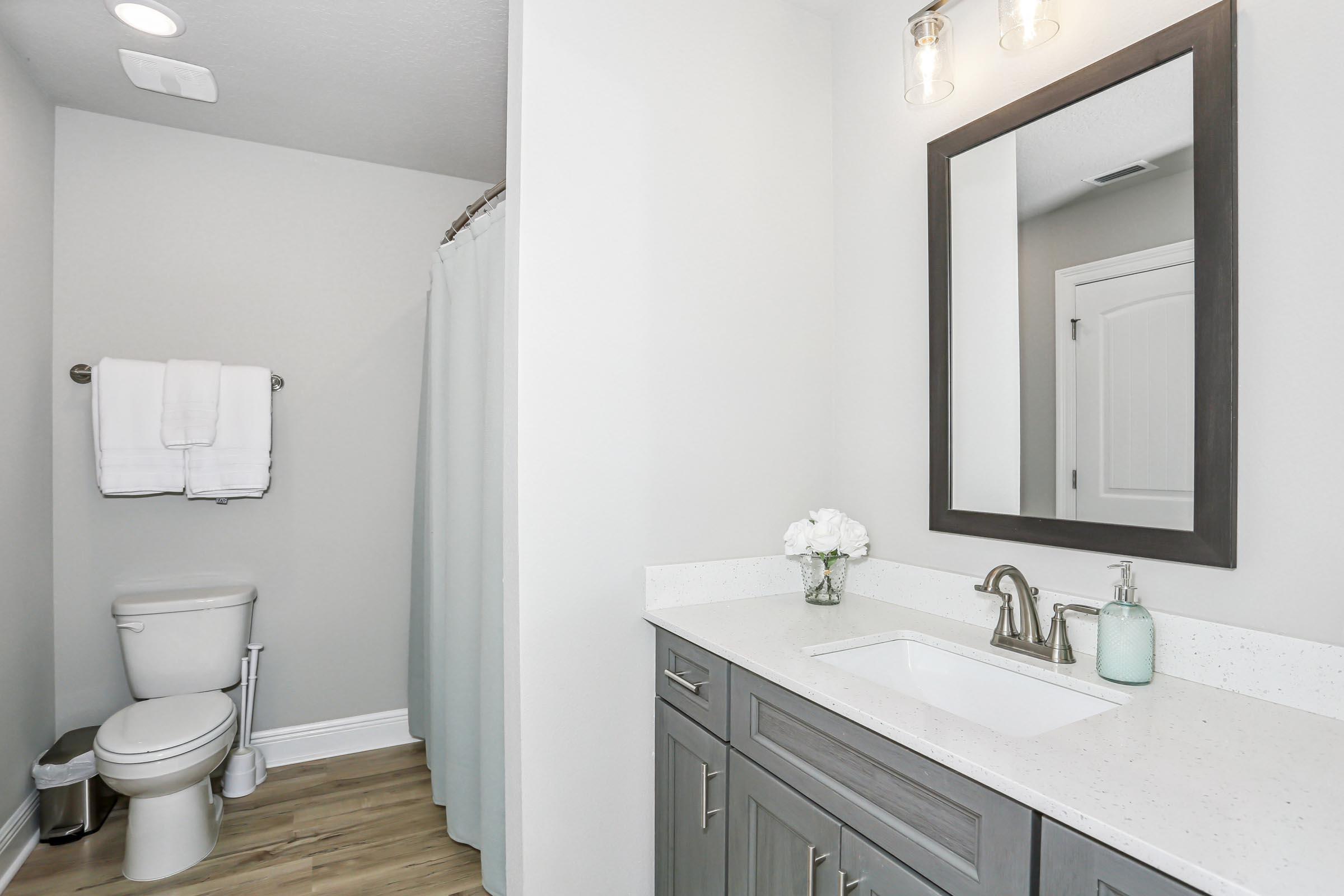 4863 Horace Lunsford Road Milton, FL 32570 - Photo 25 of 36 a bathroom with a granite countertop sink toilet and a mirror