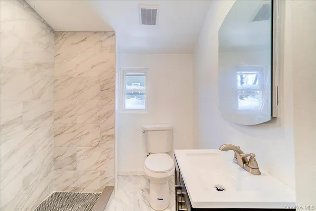 a bathroom with a toilet a sink and mirror