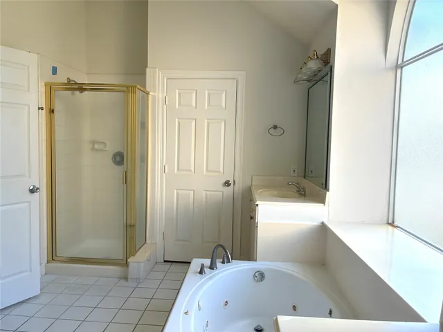 a bathroom with a tub shower and sink