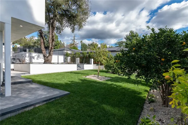 a view of a yard with palm trees