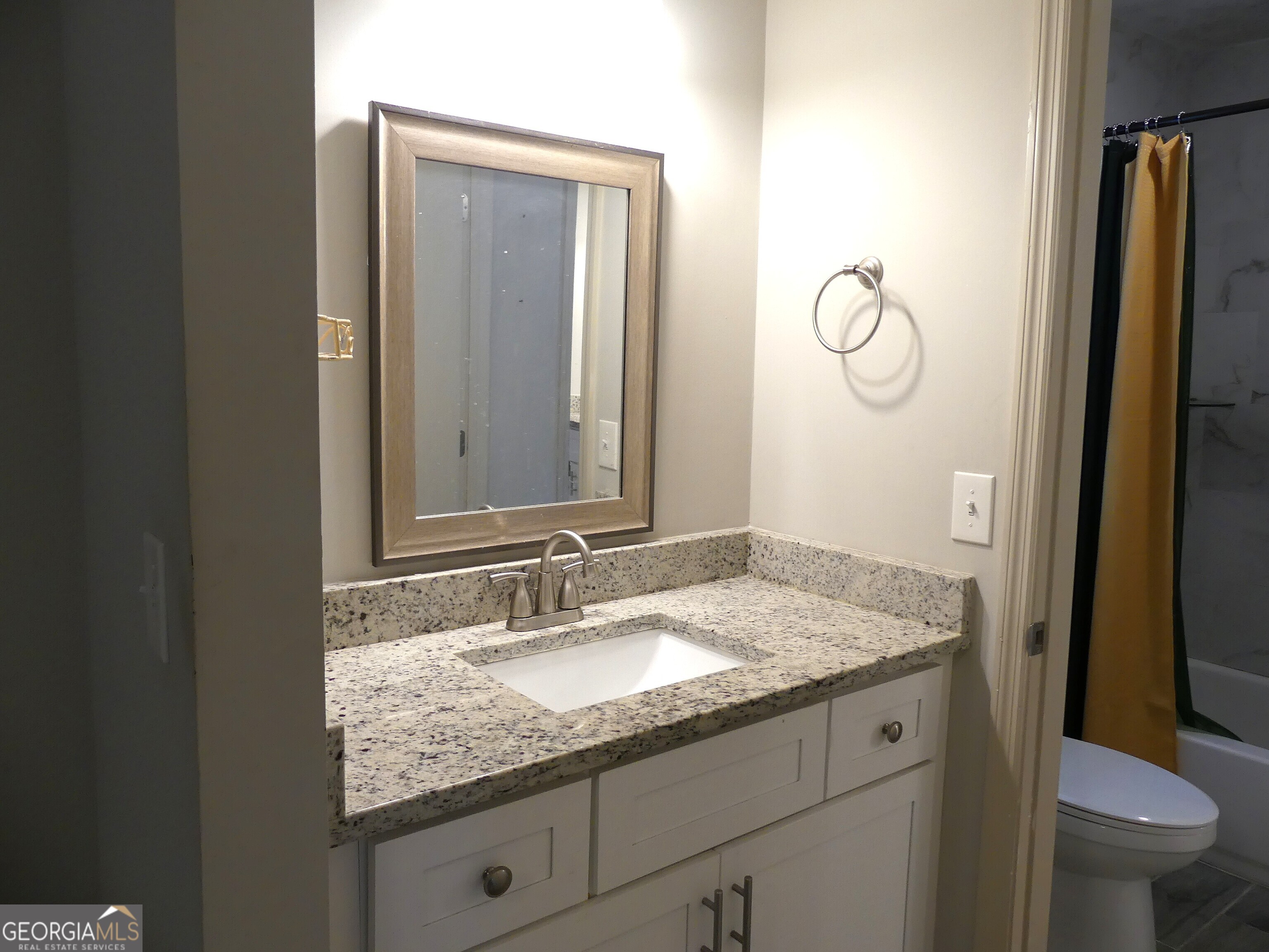 185 Stancil Drive Toccoa, GA 30577 - Photo 28 of 36 a bathroom with a granite countertop sink a toilet and a mirror