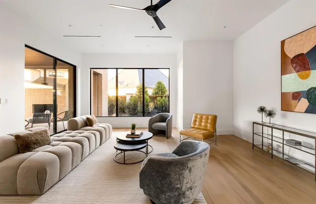 a living room with furniture and a floor to ceiling window