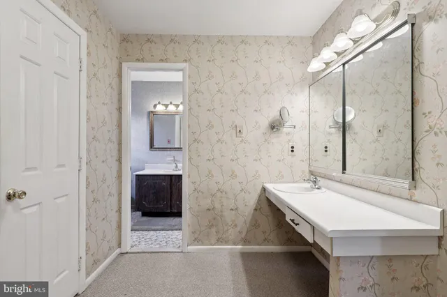 a bathroom with a sink a mirror and a shower