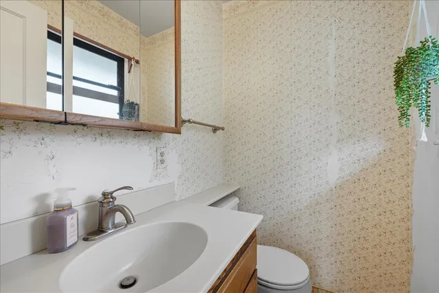 a bathroom with a sink toilet and mirror