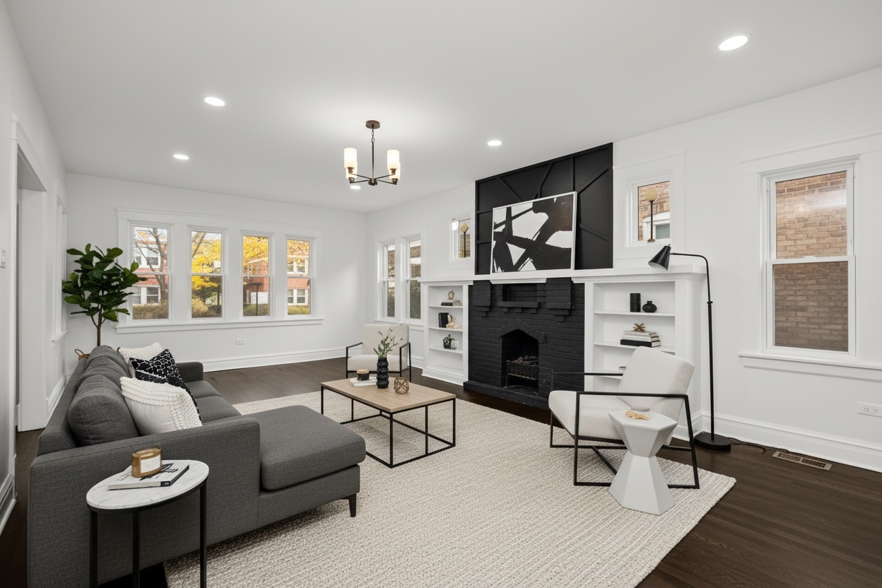 7832 South Paxton Avenue Chicago, IL 60649 - Photo 11 of 59 a living room with furniture a fireplace and window