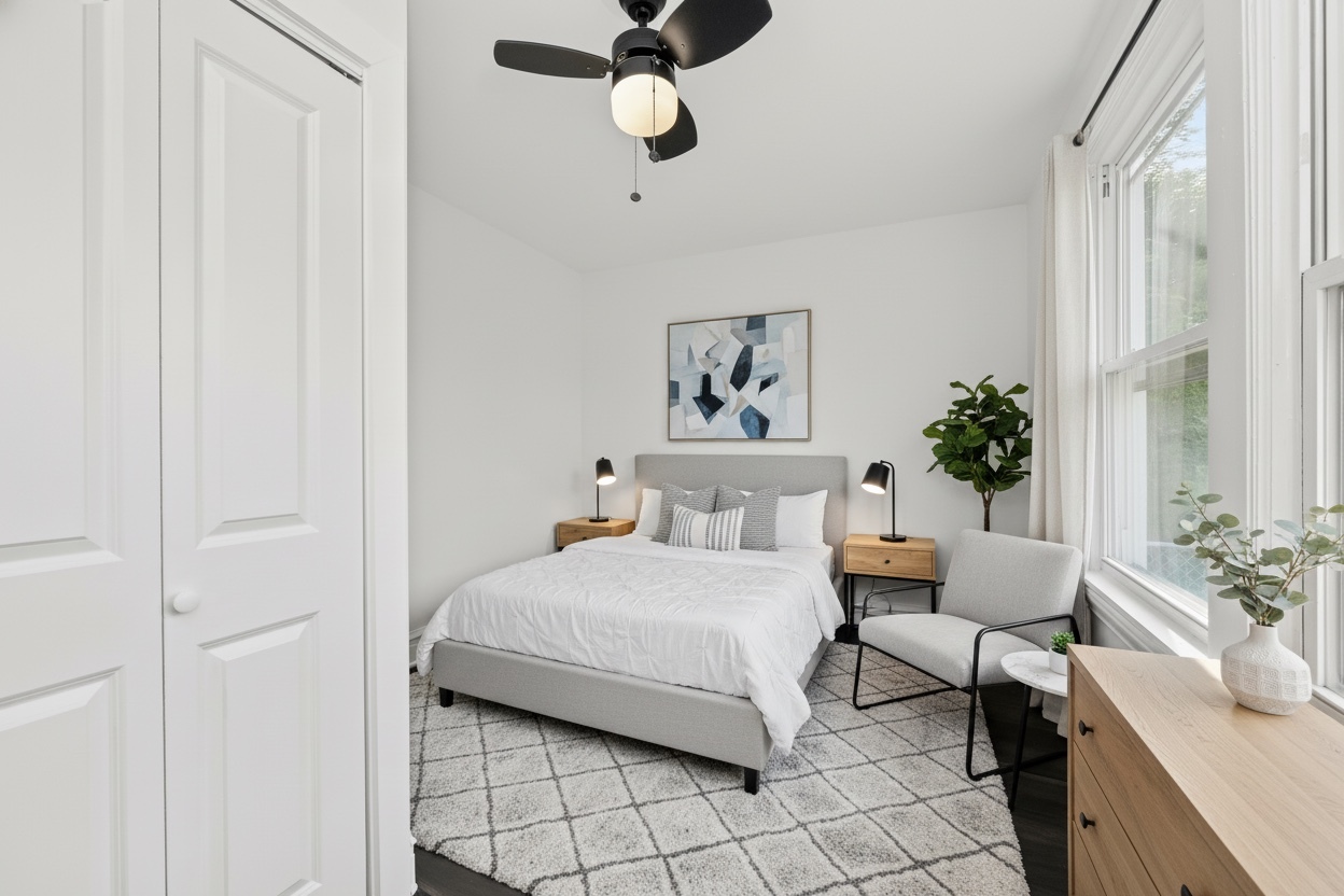 7832 South Paxton Avenue Chicago, IL 60649 - Photo 21 of 59 a bedroom with a bed a chandelier and a window