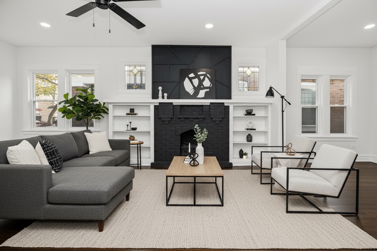 7832 South Paxton Avenue Chicago, IL 60649 - Photo 9 of 59 a living room with furniture a rug and a fireplace