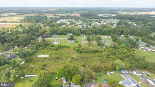 an aerial view of residential houses with outdoor space and trees